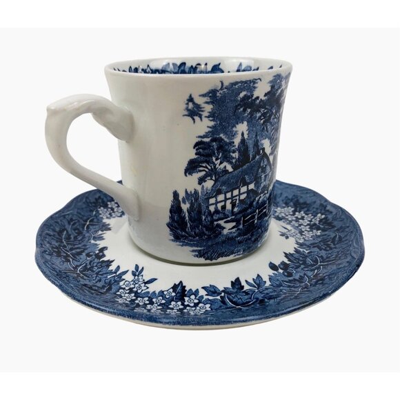 Anne Hathaway Cottage Meakin Romantic England Teacup Saucer Blue White Set - Picture 6 of 10
